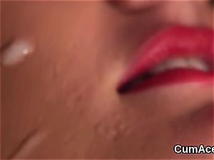 Wicked gal gets cum shot on her face guzzling all the splooge